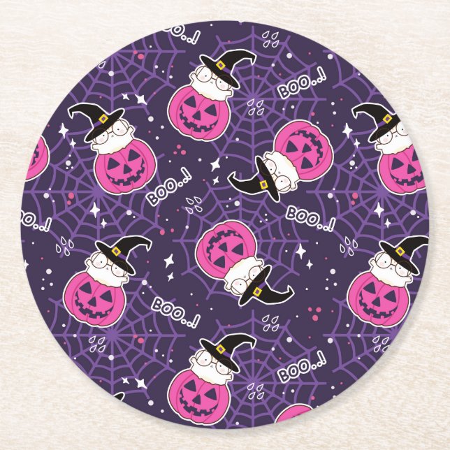 Cute Cats and Pumpkins Halloween Pattern Round Paper Coaster (Front)