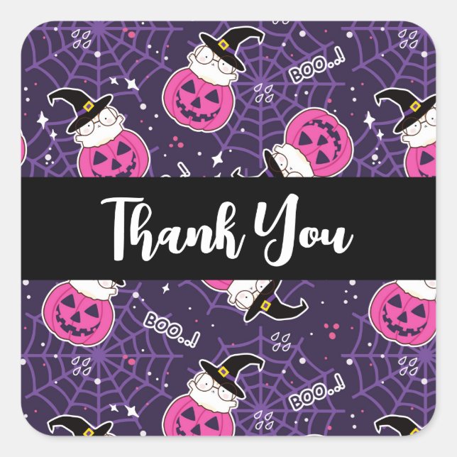 Cute Cats and Pumpkins Halloween Pattern Thank You Square Sticker (Front)