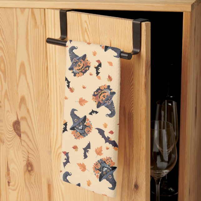 Cute Cats Bats & Pumpkins Halloween Tea Towel (Thirds Fold)