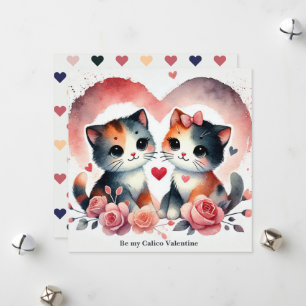 Cute Cats "Be My Calico Valentine" Watercolor  Holiday Card