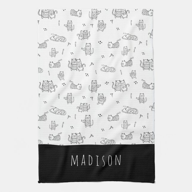 Cute Cats Black and White Doodle Pattern  Tea Towel (Vertical)