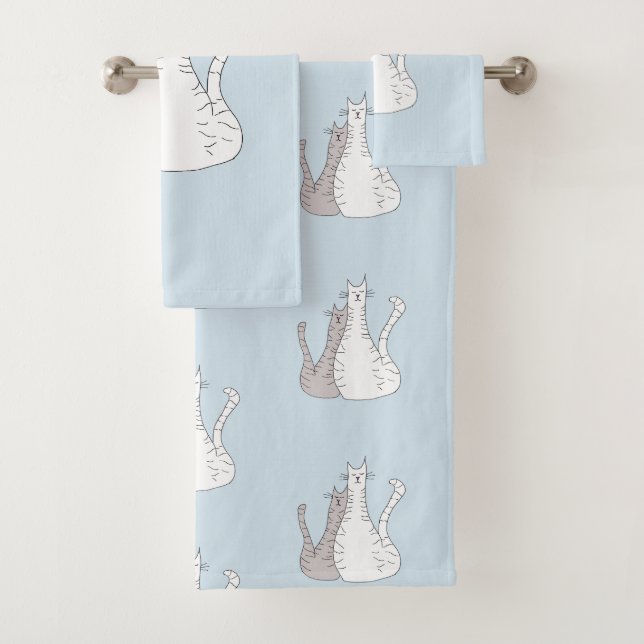 Cute Cats Blue Grey Pattern Bath Towel Set (Insitu)