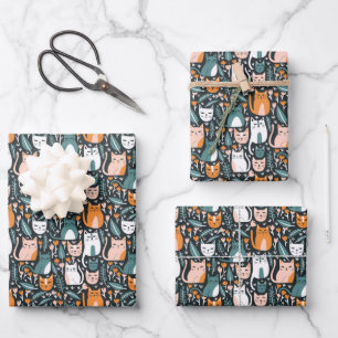 Cute Cats Botanical Floral Pattern Colorful Gift  Wrapping Paper Sheet