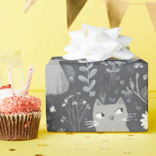Cute Cats Botanical Floral Pattern Grey White Wrapping Paper