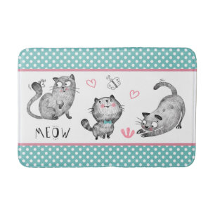 Cute Cats, Butterflies, Hearts, Polka Dots Bath Mat