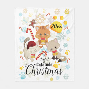 Cute Cats Christmas Pattern Paws, Snowflakes Text Fleece Blanket