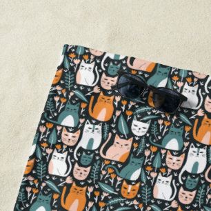 Cute Cats Colourful Botanical Floral Pattern  Beach Towel