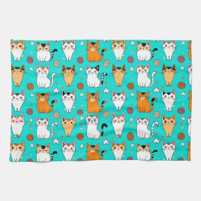 Cute Cats 🐱✨ Colourful Felines Yarn Playful Tea Towel (Horizontal)
