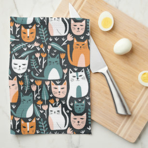 Cute Cats Colourful Pattern Botanical Floral Print Tea Towel