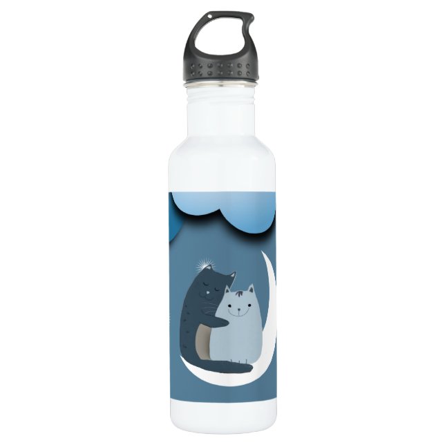 Cute Cats Cuddling on the Moon Art 710 Ml Water Bottle (Front)