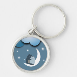 Cute Cats Cuddling on the Moon Art Key Ring