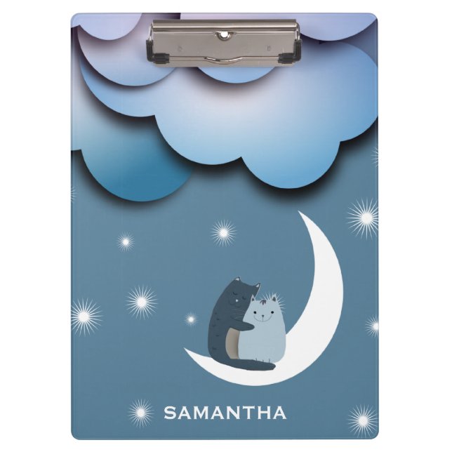 Cute Cats Cuddling on the Moon Art Personalised Clipboard (Front)