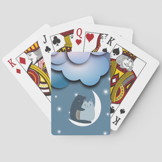 Cute Cats Cuddling on the Moon Art Playing Cards (Back)