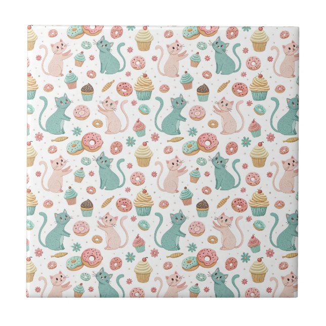 Cute Cats & Cupcakes Pattern - Kawaii Kitten Art Ceramic Tile (Front)