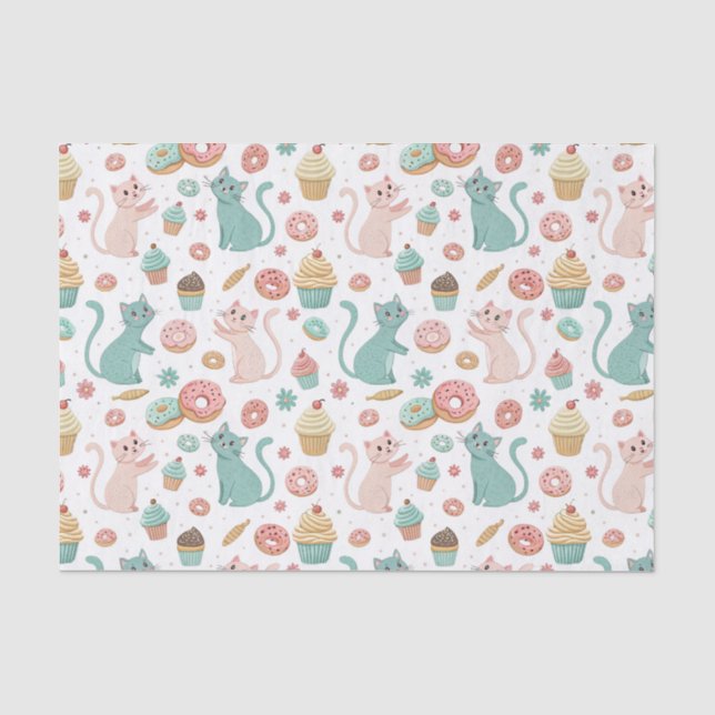 Cute Cats & Cupcakes Pattern - Kawaii Kitten Art Tissue Paper (Front)