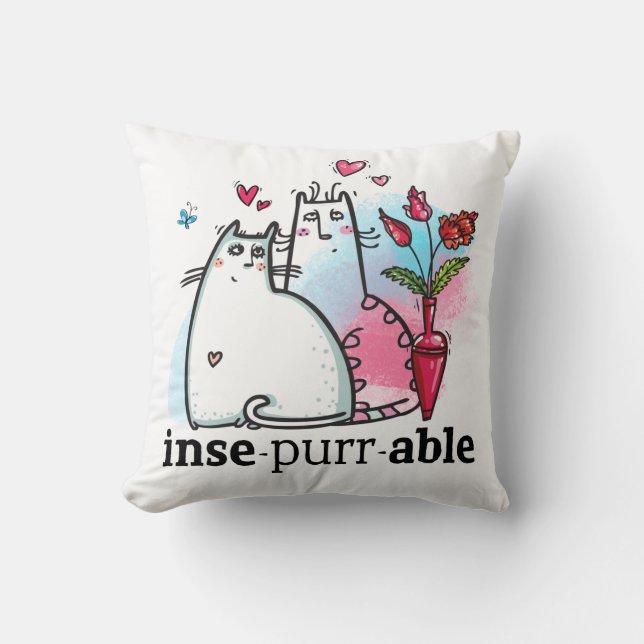 Cute Cats Drawing Romantic feline Pun Insepurrable Cushion (Front)