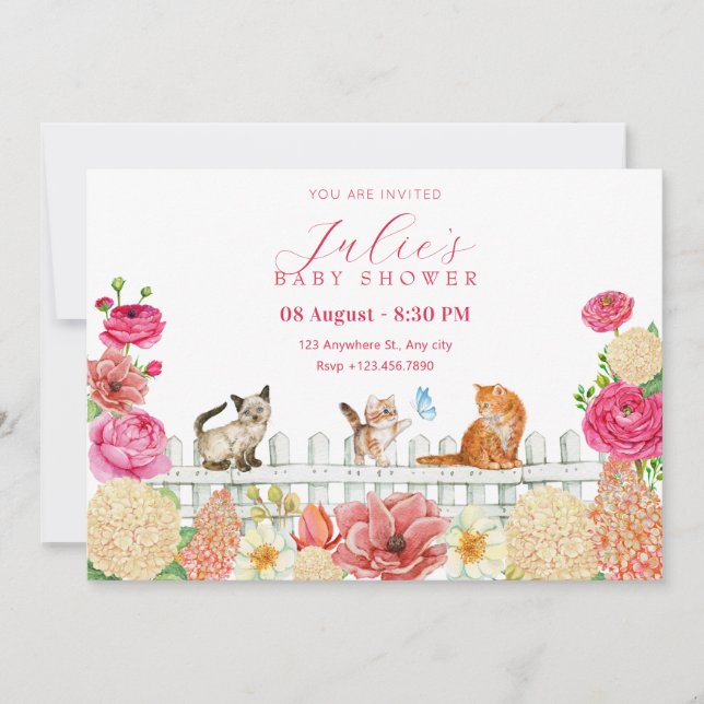 Cute cats flowers baby shower invitation (Front)