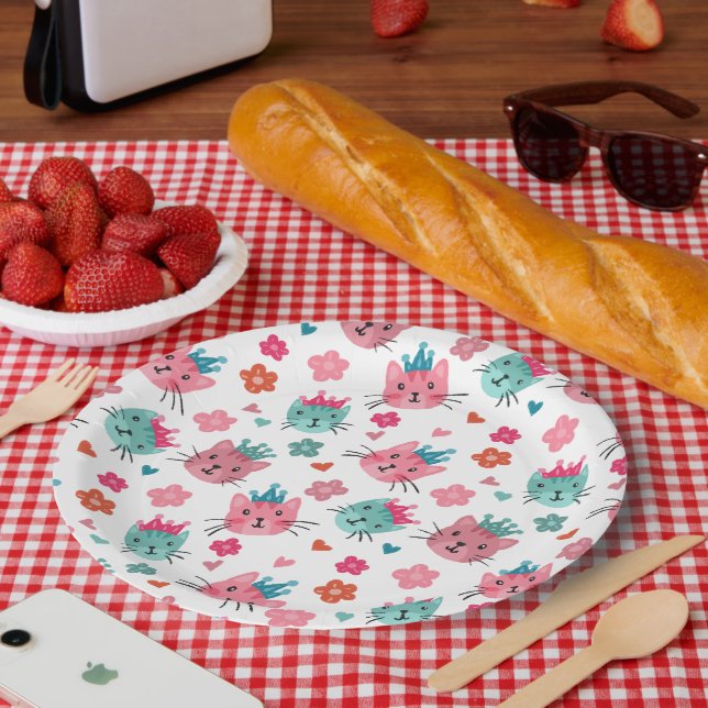 Cute Cats Flowers Hearts Paper Plate (Picnic)