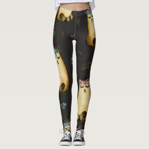 Cute Cats Flowers Watercolor Pattern Leggings