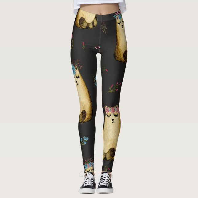 Cute Cats Flowers Watercolor Pattern Leggings (Front)