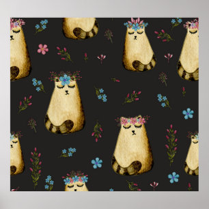 Cute Cats Flowers Watercolor Pattern Poster