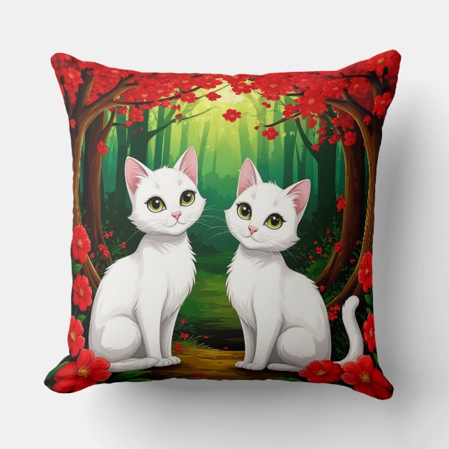 Cute Cats Forest Flower Scene 🐱 Cushion (Front)