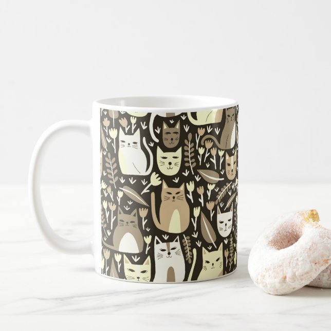 Cute Cats Fun Floral Kitten Neutrals Pattern  Coffee Mug (With Donut)