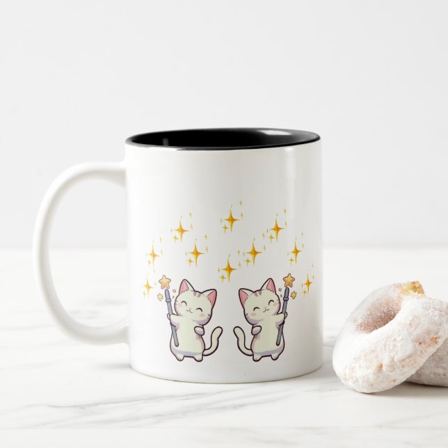 Cute Cats Holding Magic Wand Stars Two-Tone Coffee Mug (With Donut)