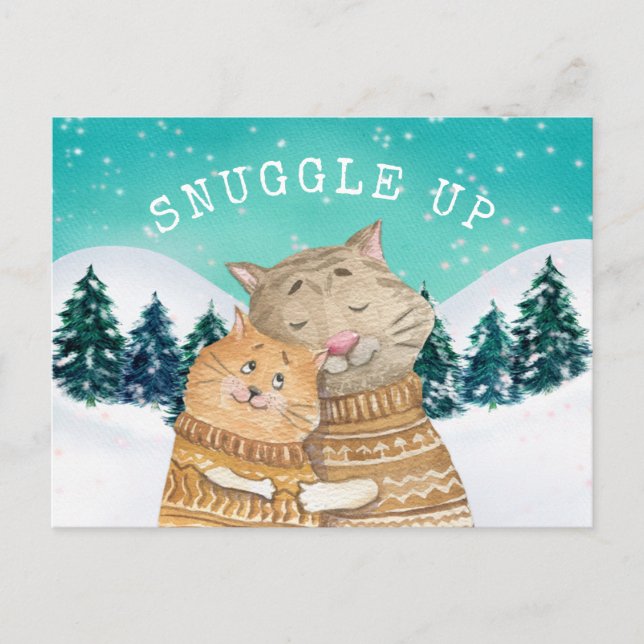 Cute Cats Hugging Snuggle Up Forest Snow Scene Holiday Postcard (Front)