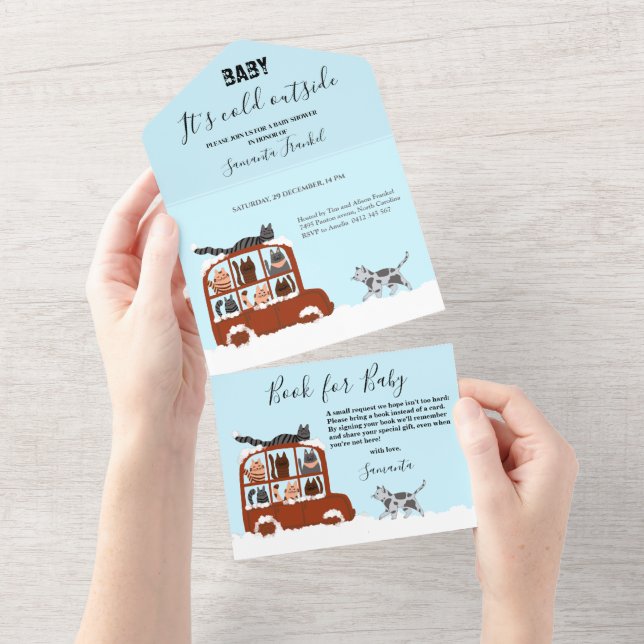 Cute Cats in car Winter Cold Baby Shower  All In One Invitation (Tearaway)
