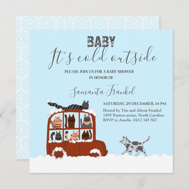 Cute Cats in car Winter Cold Baby Shower  Invitation (Front/Back)
