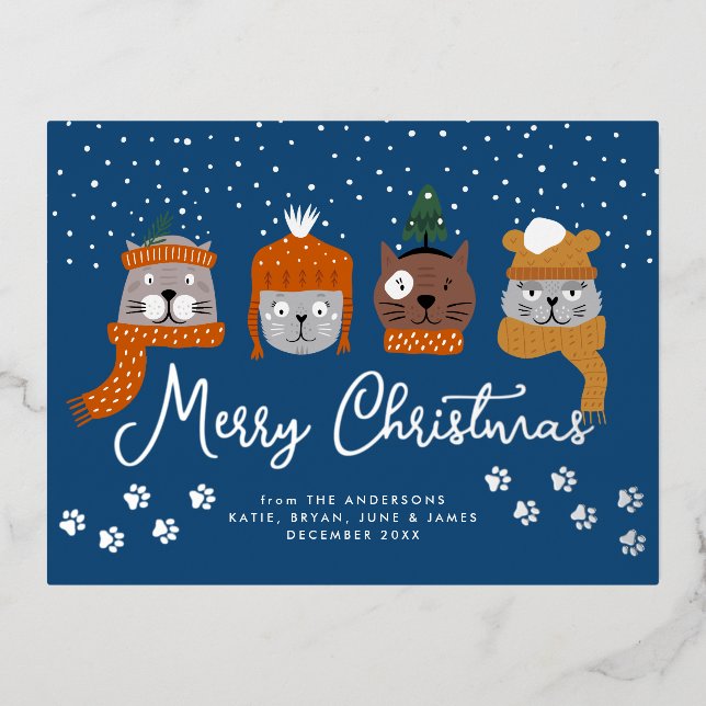 Cute Cats in Christmas Knits in Snow Blue Foil Holiday Postcard (Front)