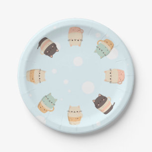 Cute cats in cups on blue background Paper Plate