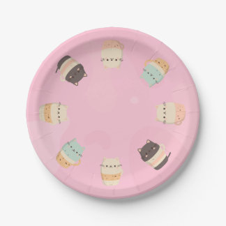 Cute cats in cups on pink background paper plate