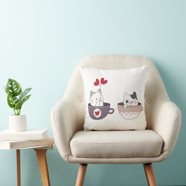 Cute Cats in Cups with Heart Balloons Cushion (Chair)