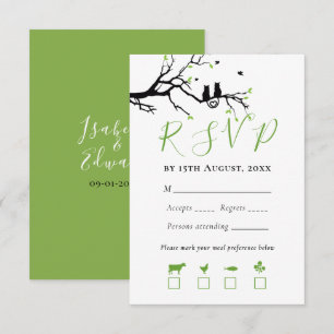 Cute Cats In Love Black Tree Heart Birds Wedding  RSVP Card