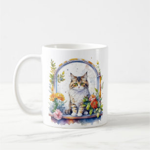 Cute Cats in Window of Flowers  Coffee Mug