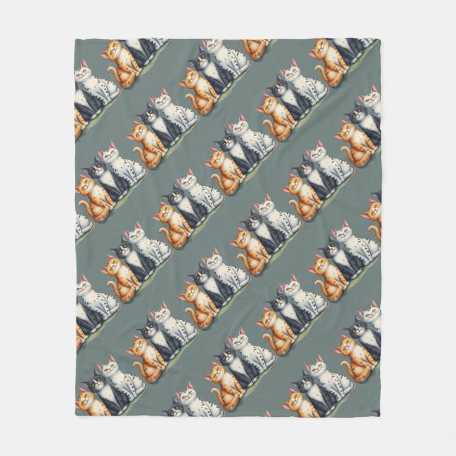 Cute Cats Kittens Looking Happy Grey Green Fleece Blanket (Front)