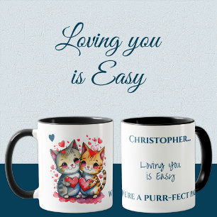 Cute cats loving you personalised name blue mug