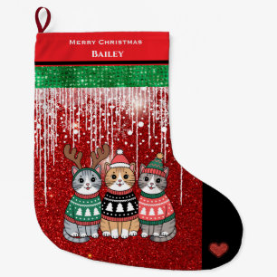 Cute Cats Merry Christmas Personalised Name  Large Christmas Stocking