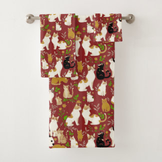 Cute Cats on a Burgundy Background Bath Towel Set