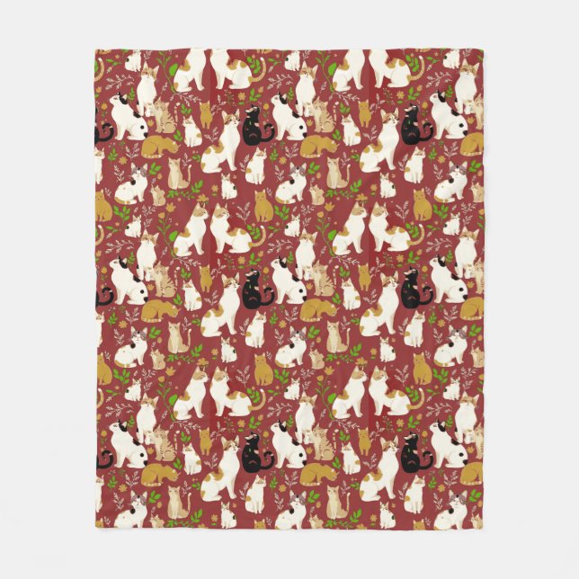 Cute Cats on a Burgundy Background Fleece Blanket (Front)