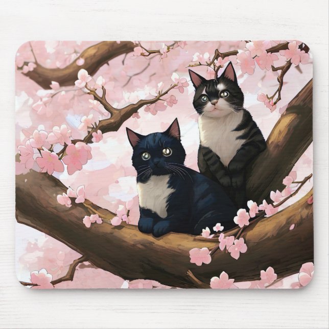 Cute Cats On A Cherry Blossom Tree Mouse Pad (Front)