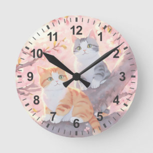 Cute Cats On A Cherry Blossom Tree Round Clock