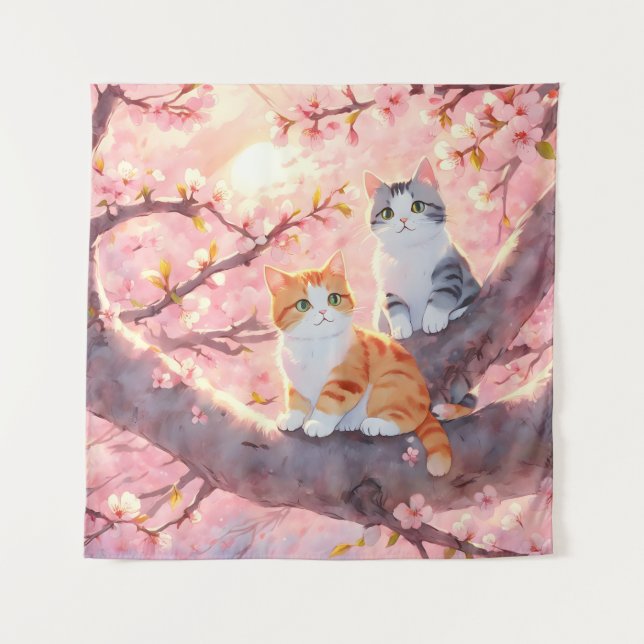 Cute Cats On A Cherry Blossom Tree Tapestry (Front)