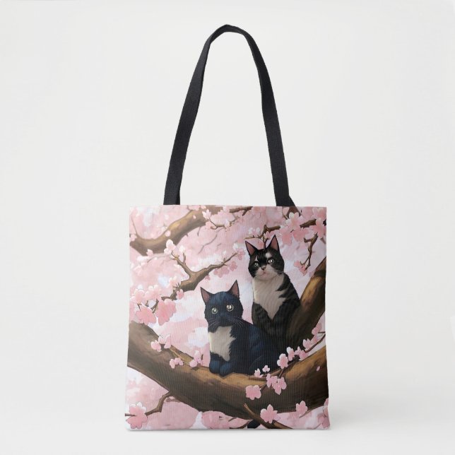 Cute Cats On A Cherry Blossom Tree Tote Bag (Front)