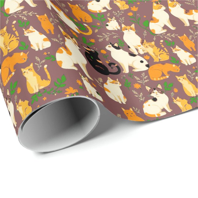 Cute Cats on a Coffee Brown Background Wrapping Paper (Roll Corner)