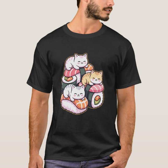 Cute Cats on Sushi Kawaii Art Food Lover T-Shirt (Front)