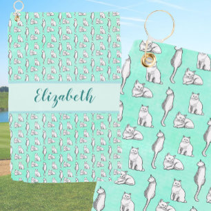 Cute cats on teal with custom name ladies golf towel