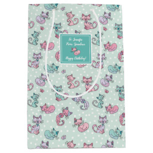 Cute Cats Pastel Teal Pink Purple Polka Dot Medium Gift Bag